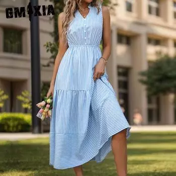 GMXIA Летнее длинное платье Детское платье в вертикальную полоску без рукавов S синий
