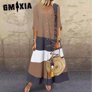 GMXIA Летнее длинное платье с V-образным вырезом и коротким рукавом с принтом на пуговицах Повседневные платья S белый