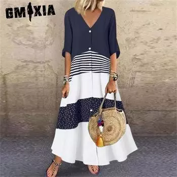 GMXIA Летнее длинное платье с V-образным вырезом, короткими рукавами, принтом и пуговицами, повседневное платье S коричневый