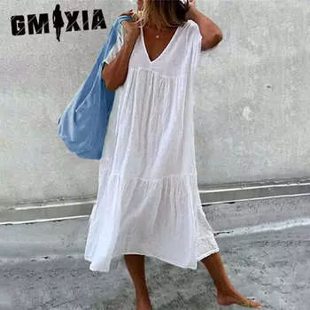 GMXIA Летнее длинное платье в стиле пэчворк с короткими рукавами и V-образным вырезом с цветочным принтом S красный