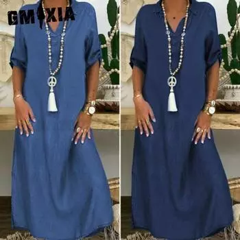 GMXIA Летнее джинсовое платье для женщин, повседневные весенние синие макси-платья с V-образным вырезом и рукавом до локтя, большие размеры, длинные платья с разрезом M синий