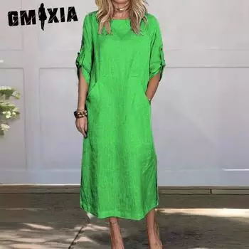 GMXIA Летнее хлопковое и льняное модное однотонное свободное повседневное платье S