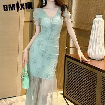 GMXIA Летнее маленькое свежее платье с v-образным вырезом в тонкую сетку «рыбий хвост» Шикарное потрясающее платье для перерыва на чай S