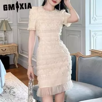 GMXIA Летнее милое темпераментное сетчатое платье с круглым вырезом, инкрустированным бриллиантами и вышивкой, с деревянными ушками для женщин S абрикосовый