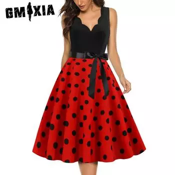 GMXIA Летнее модное женское платье в стиле ретро с волнистым V-образным вырезом и средней линией талии с принтом в горошек S