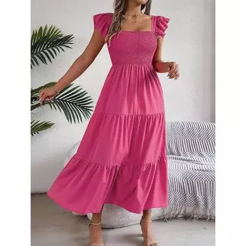 GMXIA Летнее однотонное платье А-силуэта с квадратным вырезом, черной отделкой ушек и приталенным поясом, женская одежда S