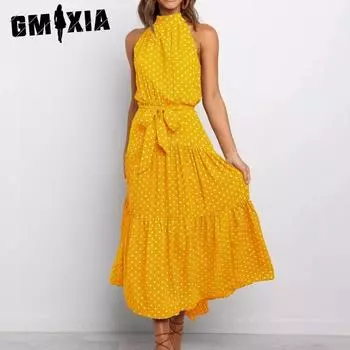 GMXIA Летнее платье 13 цветов с принтом в горошек и бретельками через шею, длинное платье без рукавов S бежевый