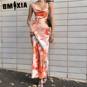 GMXIA Летнее платье-халтер средней длины с принтом тай-дай и сексуальными перекрещенными бретелями на спине S