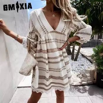 GMXIA Летнее платье с длинными рукавами, V-образным вырезом и кружевными манжетами S чёрный