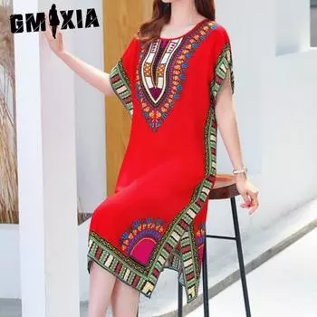 GMXIA Летнее платье с геометрическим принтом, пуловер, один размер, шикарное женское платье до середины икры для домашней одежды one size чёрный