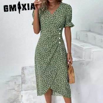 GMXIA Летнее платье с геометрическим узором и неровным подолом, рукавами-фонариками и коллажем S розы красного