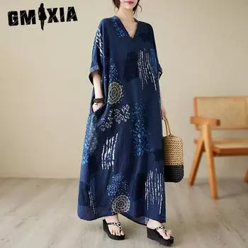 GMXIA Летнее платье с V-образным вырезом из тонкого хлопка и пеньки больших размеров, свободное, в стиле отпуска, пляжное платье в стиле ретро с мясным принтом One size синий