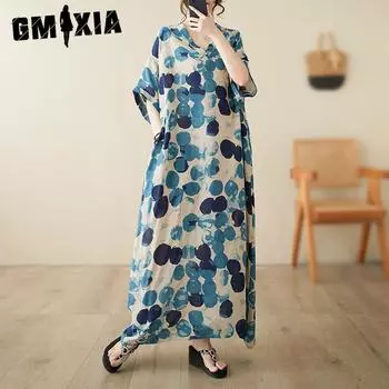 GMXIA Летнее платье с V-образным вырезом из тонкого хлопка и пеньки больших размеров, свободное, в стиле отпуска, пляжное платье в стиле ретро с мясным принтом One size
