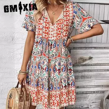 GMXIA Летнее платье с V-образным вырезом, модная свободная короткая юбка с принтом в стиле бохо S синий