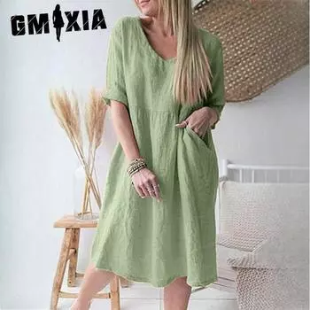 GMXIA Летнее платье средней длины с рукавами 3/4 и V-образным вырезом M розовый