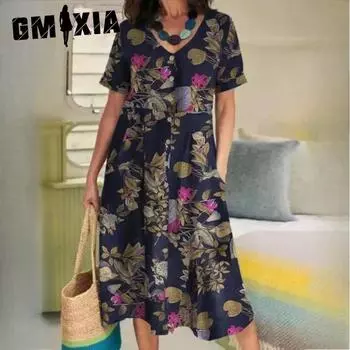 GMXIA Летнее платье свободного кроя из хлопка и льна с принтом в винтажном этническом стиле с короткими рукавами и большим свободным кроем S темно-синий