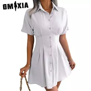 GMXIA Летнее повседневное однотонное компрессионное платье-рубашка с короткими рукавами и талией S белый
