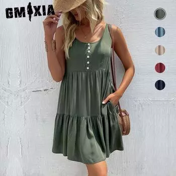 GMXIA Летнее повседневное платье без рукавов цвета авокадо из вискозы свободного покроя S