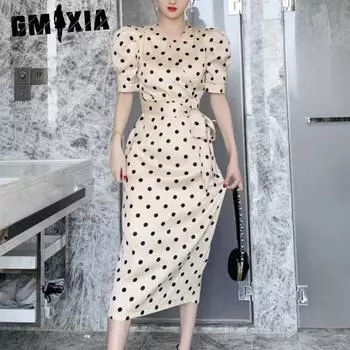 GMXIA Летнее стильное атласное платье в горошек с рукавами-пузырьками на талии средней длины S абрикосовый