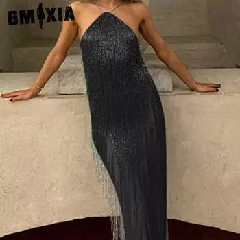 GMXIA Летнее темпераментное легкое романтическое платье Sue с лямкой на бретельках для зрелых женщин S чёрный