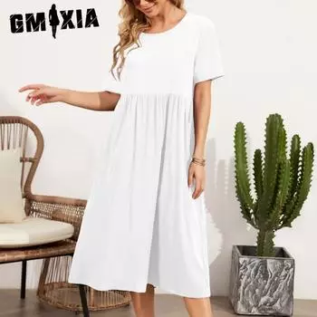 GMXIA Летнее весеннее свободное платье с круглым вырезом и коротким рукавом из хлопка и льна для женщин S белый
