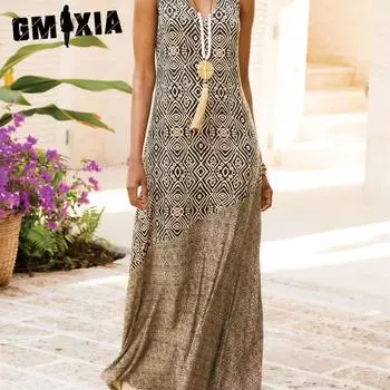 GMXIA Лето Весна Принтованное Женское Платье Бохо Праздничное Платье Без Рукавов Лоскутное Платье S хаки