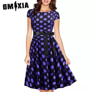 GMXIA Летнее винтажное женское платье с круглым вырезом, рукавами, круглым горошком и черной лентой на талии S белый