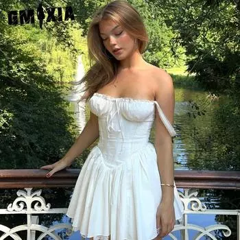 GMXIA Летнее женское элегантное сексуальное платье с коротким рукавом и поясом S белый