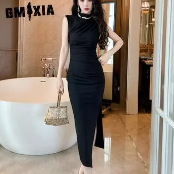 GMXIA Летнее женское облегающее платье с разрезом и высокой талией Sister Ethos, однотонная утягивающая длинная юбка S