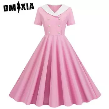 GMXIA летнее женское однотонное винтажное свободное платье с v-образным вырезом и короткими рукавами, двухрядное свободное платье с псевдопряжкой S красный