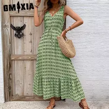 GMXIA Летнее женское платье без рукавов с ромбовидным принтом S зелёный