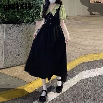 GMXIA Летнее женское платье больших размеров для студенток с французской талией, юбка с коротким рукавом, длинная юбка для похудения M