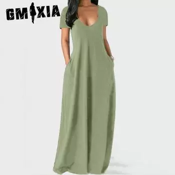 GMXIA Летнее женское платье больших размеров, однотонное, сексуальное, с глубоким V-образным вырезом, с коротким рукавом, длинное платье S розовый