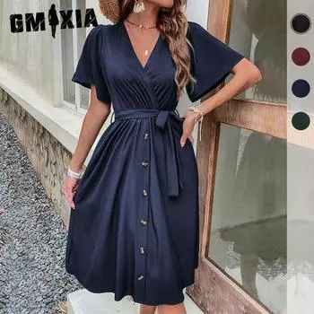 GMXIA Летнее женское платье Commuter с расклешенными рукавами и поясом на талии S