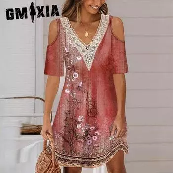 GMXIA Летнее женское платье-футболка без бретелек с принтом и V-образным вырезом Платья с кружевным вырезом S бордовый