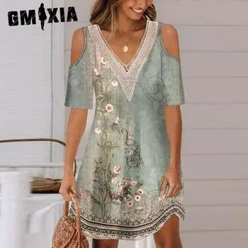 GMXIA Летнее женское платье-футболка с принтом, открытыми плечами, V-образным вырезом и кружевным воротником S бордовый