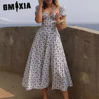 GMXIA Летнее женское платье с квадратным воротником, рукавами-фонариками, цветочным принтом, юбкой-рыбьей костью, праздничное платье для чайного перерыва S