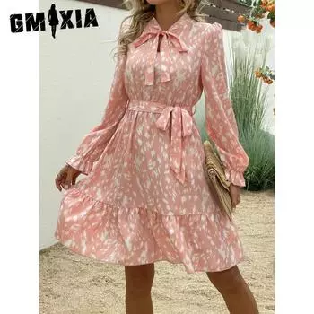 GMXIA Летнее женское платье с модным принтом, длинным рукавом, V-образным вырезом, утягивающее платье S розовый