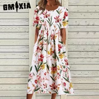 GMXIA Летнее женское повседневное платье средней посадки с круглым вырезом и принтом Swing S