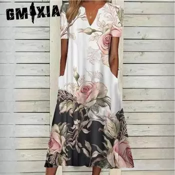 GMXIA Летние платья с цветочным принтом, V-образным вырезом, короткими рукавами и боковыми карманами S жёлтый