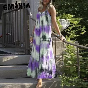 GMXIA Летние пляжные повседневные платья с принтом в полоску и бретельками через шею больших размеров S фиолетовый