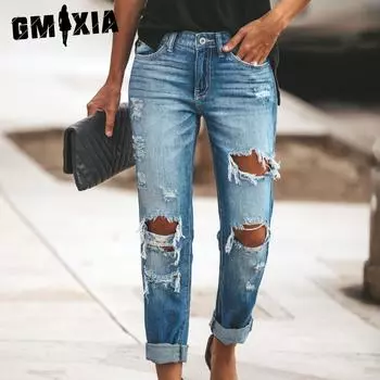 GMXIA Летние повседневные рваные прямые джинсы в уличном стиле для женщин S синий