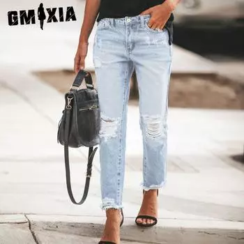 GMXIA Летние рваные брюки в стиле деним для женщин S темно-синий