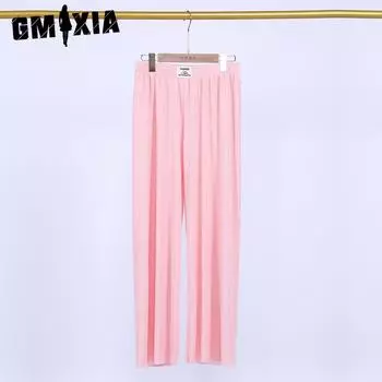 GMXIA Летние широкие брюки с тканевой этикеткой, женские однотонные свободные брюки из ледяного шелка в полоску, женская одежда M чёрный