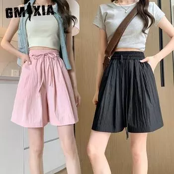 GMXIA Летние тонкие шелковые брюки-кюлоты Yamamoto Five Quartettes женские свободные облегающие повседневные шорты с высокой талией и широкими штанинами средней длины S чёрный