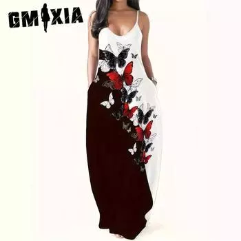 GMXIA Летние винтажные печатные длинные сексуальные платья без рукавов с длинными бретельками длинные платья XL чёрный