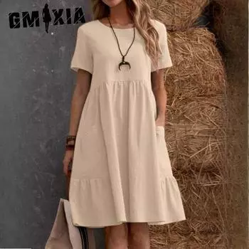 GMXIA Летние винтажные свободные однотонные женские хлопковые льняные платья с карманами и круглым вырезом S чёрный