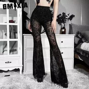 GMXIA Летние женские повседневные брюки темного сексуального кроя с принтом и кружевом, расклешенные, с высокой талией, для женщин S чёрный
