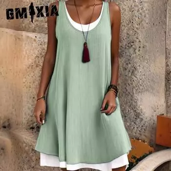 GMXIA Летние женские повседневные платья без рукавов с имитацией двух частей свободного покроя S серый
