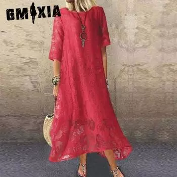 GMXIA Летние женские повседневные платья с коротким рукавом и кружевом, с круглым вырезом S белый